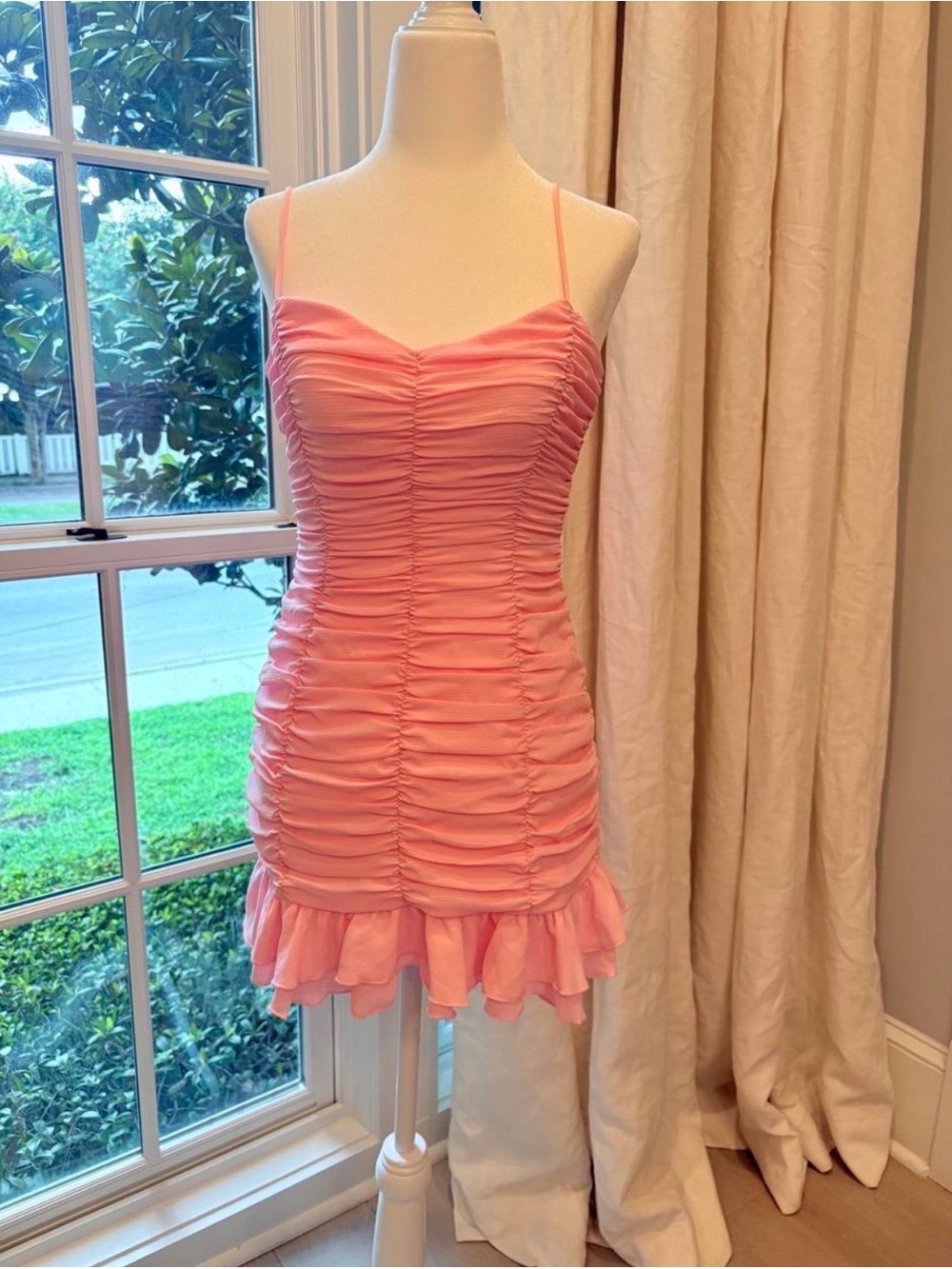Lucy in the Sky Coral Pink Ruched Spaghetti-Strap Mini Dress